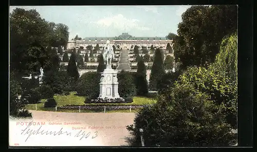 AK Potsdam, Schloss Sanssouci mit Denkmal Friedrich des Grossen