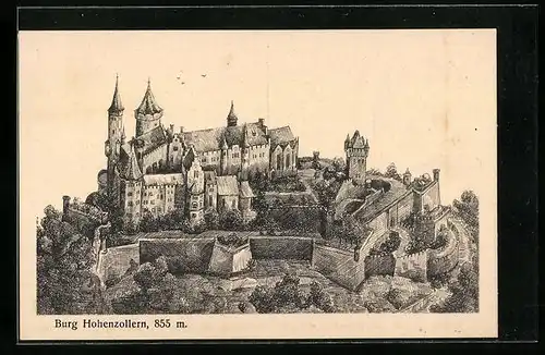 Künstler-AK Burg Hohenzollern aus der Vogelschau