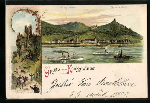 Lithographie Königswinter, Gesamtansicht mit Drachenfels und Ruine