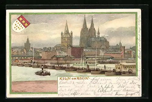 Lithographie Köln, Teilansicht mit Dom, Stadtwappen
