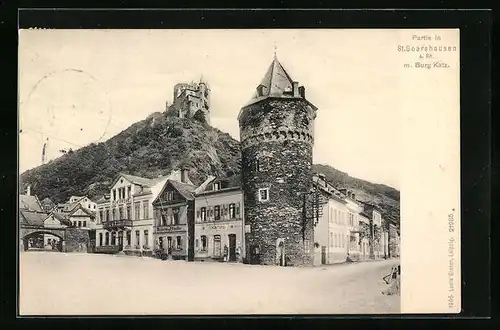 AK St. Goarshausen a. Rh., Teilansicht mit Burg Katz