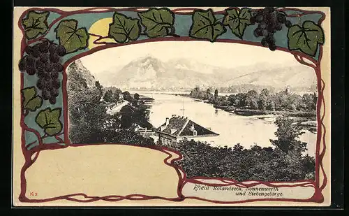 AK Nonnenwerth Rhein, Panorama mit Rolandseck und Siebenegebirge, Passepartout