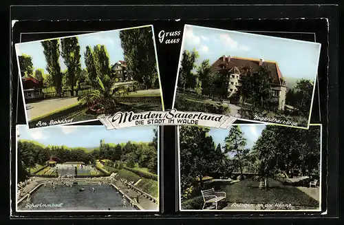 AK Menden / Sauerland, am Bahnhof, Schwimmbad, Anlagen an der Hönne, Jugendherberge