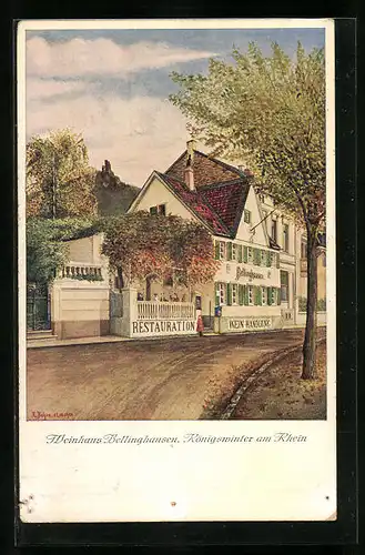 Künstler-AK Königswinter am Rhein, Restaurant-Weinhandlung Bellinghausen