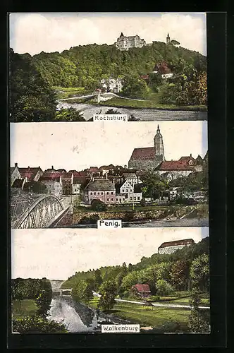 AK Penig, Teilansicht mit Brücke, Rochsburg, Wolkenburg
