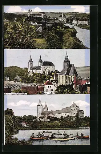AK Rochlitz, Teilansicht, Schloss und Petrikirche, Uferpartie mit Schloss und Booten