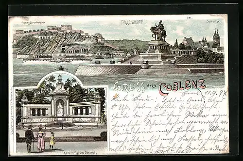 Lithographie Koblenz, Festung Ehrenbreitstein mit Provinzial-Denkmal Kaiser Wilhelm I. u. Castorkirche