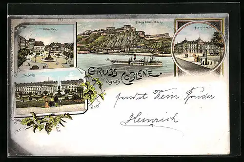 Lithographie Koblenz, Festung Ehrenbreitstein mit Dempfer, Schloss, Post-Gebäude