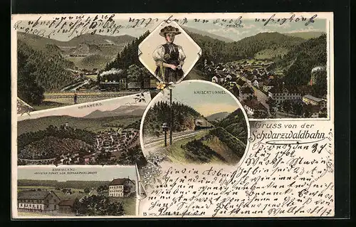 Lithographie Hornberg, Teilansicht, Sommerau höchster Punkt der Schwarzwaldbahn, Kaisertunnel