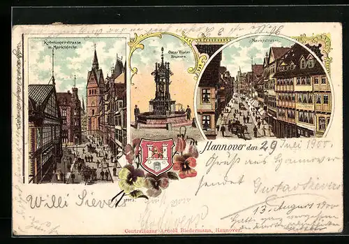 Lithographie Hannover, Kobelingerstrasse mit Marktkirche, Oscar Winter Brunnen, Marktstrasse