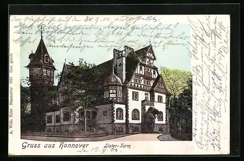 Goldfenster-AK Hannover, Gasthaus Lister-Turm mit leuchtenden Fenstern