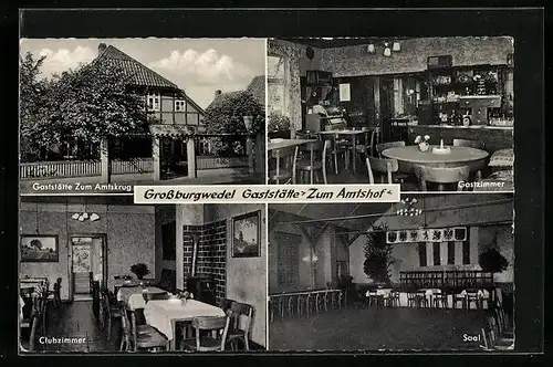 AK Grossburgwedel, Gaststätte Zum Amtshof, Innenansichten Gastzimmer und Clubzimmer