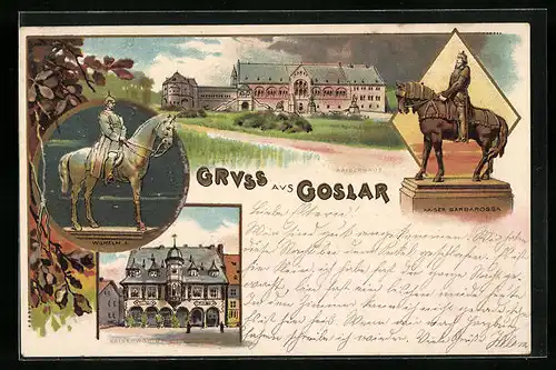 Lithographie Goslar, Kaiserhaus, Kaiser Barbarossa, Wilhelm I.