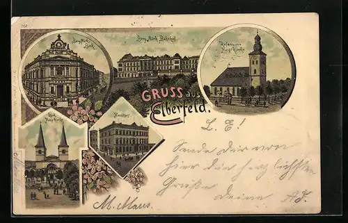 Lithographie Elberfeld, Berg. Märk. Bahnhof, Reformierte Hauptkirche, Hauptpost