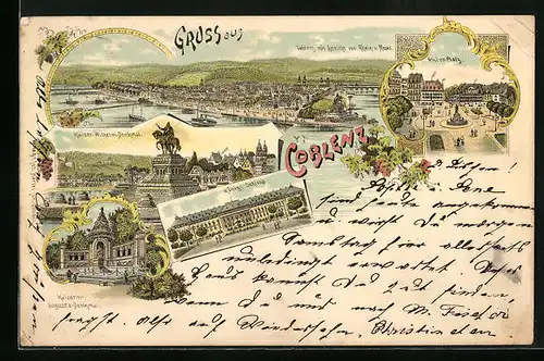 Lithographie Koblenz, Königliches Schloss, Kaiserin-Augusta-Denkmal, Kaiser-Wilhelm-Denkmal