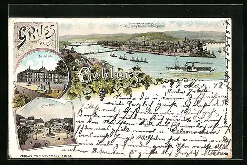 Lithographie Koblenz, Panorama von der Festung Ehrenbreitstein gesehen, Post-Gebäude, Geoben-Platz
