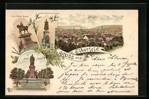 Lithographie Elberfeld, Kaiser Friedrich-Denkmal, Kaiser Wilhelm-Denkmal, Krieger-Denkmal