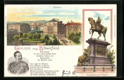 Lithographie Elberfeld, Theater, Denkmal Kaiser Wilhelm I., Wilhelm II.