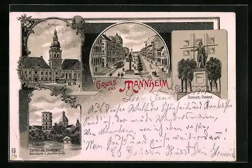 Lithographie Mannheim, Rathaus, Schiller-Denkmal, Planken