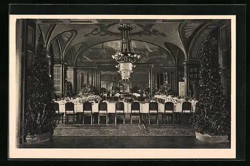 AK Leverkusen bei Köln, Festtafel im kleinen Speisesaal mit Blick ins Restaurant des Fabrik-Kasinos der IG Farben AG