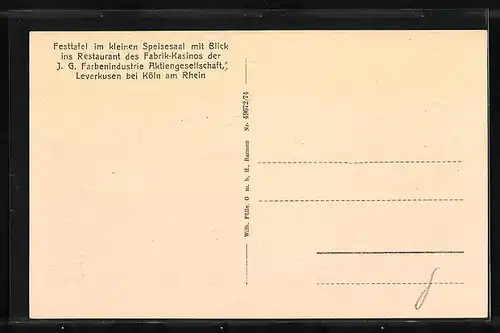 AK Leverkusen bei Köln, Festtafel im kleinen Speisesaal mit Blick ins Restaurant des Fabrik-Kasinos der IG Farben AG