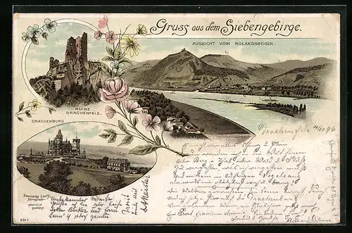 Lithographie Königswinter /Siebengebirge, Aussicht vom Rolandsborgen, Ruine Drachenfels, Drachenburg