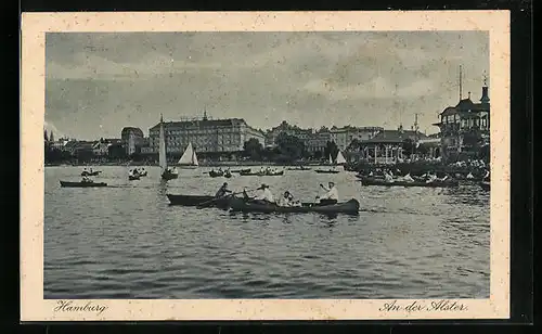 AK Hamburg, Ruderboote auf der Alster, Paillon am Ufer