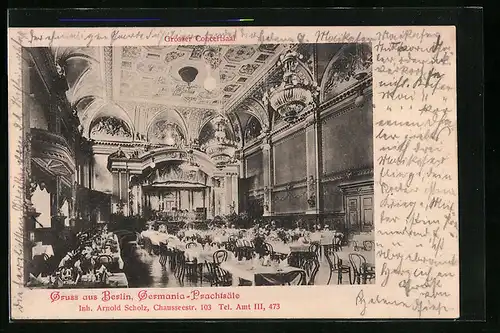 AK Berlin, Gasthaus Germania-Prachtsäle, Chaussestrasse 103, Innenansicht mit Bühne