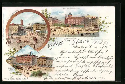 Lithographie Berlin, Alexanderplatz und Grand Hotel