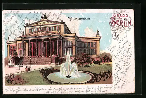 Lithographie Berlin, Kgl. Schauspielhaus mit Springbrunnen, Gendarmenmarkt