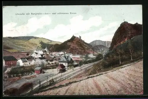 AK Altenahr, Ortsansicht mit Burgruine Are und schwarzem Kreuz