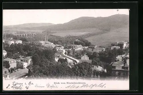 AK Löbau /Sa., Blick vom Nicolaikirchturm auf Stadt und Hindenburgbrücke