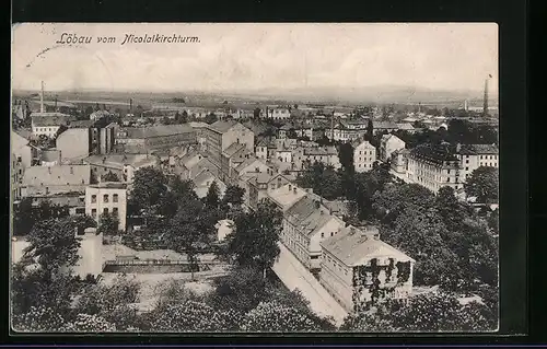 AK Löbau /Sa., Ortsansicht mit Strasse vom Nicolaiturm aus gesehen