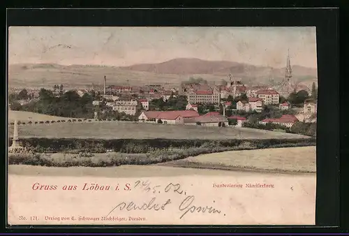 AK Löbau /Sa., Ortsansicht mit Feldern und Obelisk