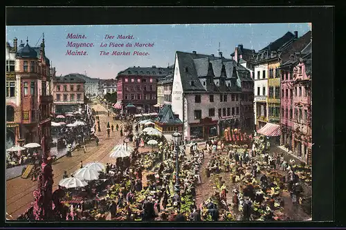 AK Mainz, Der Marktplatz mit Strasse am Markttag