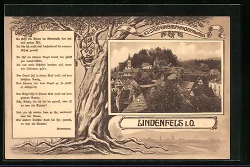 Künstler-AK Lindenfels i. O., Ortsansicht, Gedicht, Eiche