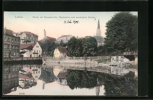 AK Löbau /Sa., Partie mit Nicolaikirche, Realschule und wendischer Kirche