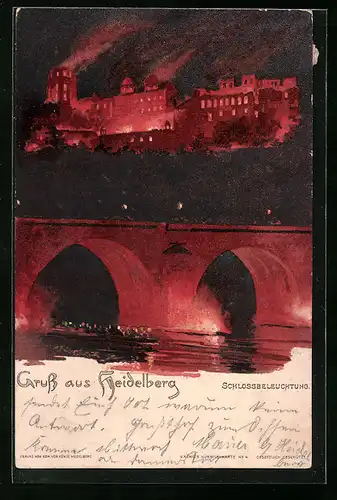 Künstler-AK Heidelberg, Schloss und Brücke bei Beleuchtung