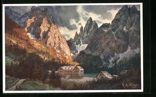 Künstler-AK Rudolf Alfred Höger: Val di Fiscalina, Hotel Dolomiti