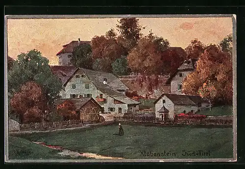 Künstler-AK Rudolf Alfred Höger: Klobenstein, Ortspartie mit einer Wiese