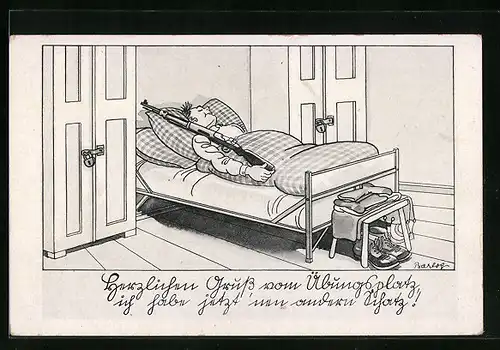 Künstler-AK Ferdinand Barlog: Soldat grüsst aus dem Bett am Übungsplatz - Karikatur
