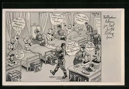 Künstler-AK Ferdinand Barlog: Lustiges Soldatenleben im Schlafsaal - Karikatur
