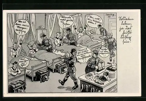 Künstler-AK Ferdinand Barlog: Soldatel lassen sich im Schlafsaal bedienen - Karikatur