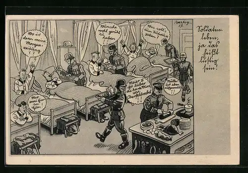 Künstler-AK Ferdinand Barlog: Lustiges Soldatenleben mit Frühstücksbuffet im Schlafsaal - Karikatur
