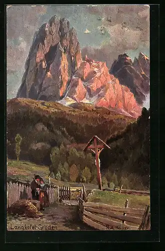 Künstler-AK Rudolf Alfred Höger: Gröden, Ortspartie mit Langkofel