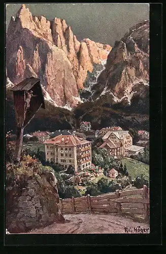 Künstler-AK Rudolf Alfred Höger: Seis, Hotel SeiserHof mit Flurkreuz