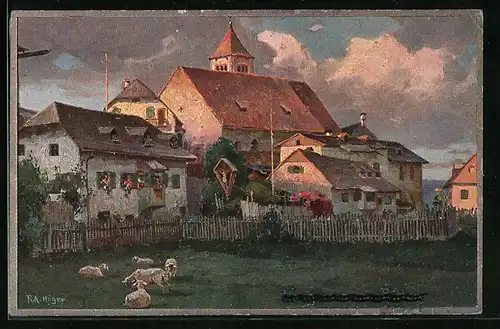 Künstler-AK Rudolf Alfred Höger: Longomòs sul Renòn, Ortspartie mit Flurkreuz und Lämmern