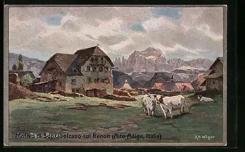 Künstler-AK Rudolf Alfred Höger: Soprabolzano sul Renon, Panorama mit Kühen