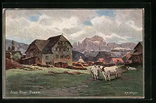 Künstler-AK Rudolf Alfred Höger: Ober-Bozen, Ortspartie mit Kühen