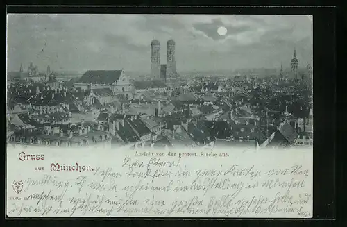 Mondschein-AK München, Ansicht von der Potestantischen Kirche, Blick zur Marienkirche